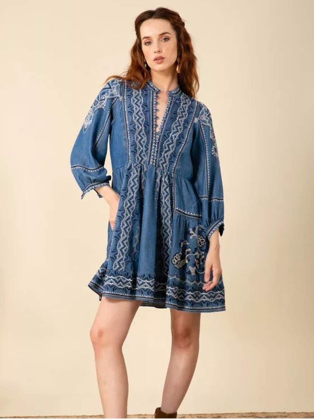 Hale Bob Blue Chambray Mini Embroidered Boho Denim Dress Size Medium